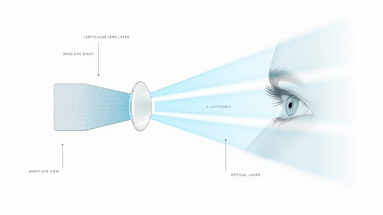 Cross-section diagram of a glasses-free 3D display using a lenticular optical layer to send separate views to the left and right eye, with a prescription lens in front.