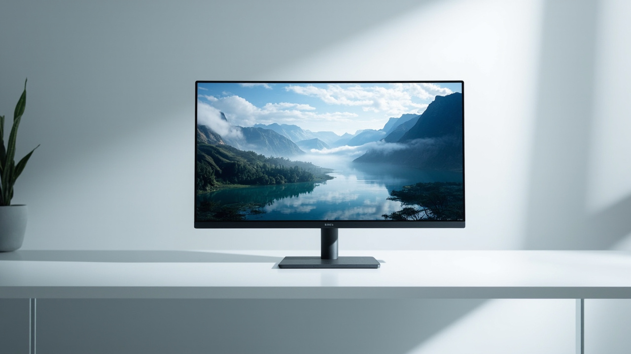 A 3D monitor on a gaming desk showing a depth-rendered scene without glasses